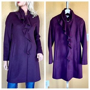 DKNY Wool Blend Pea Coat w/ Side Ruffle Embellishment